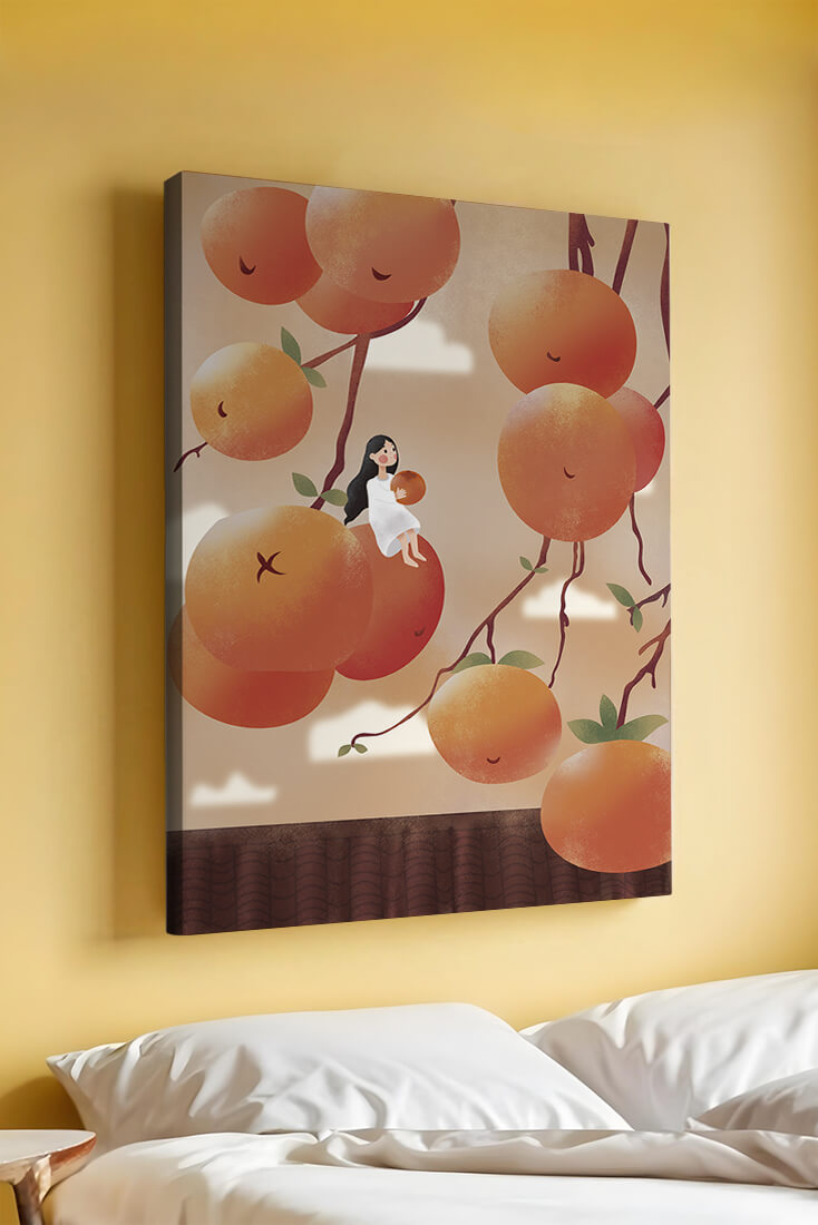 Whimsical illustration of girl with giant oranges and branches
