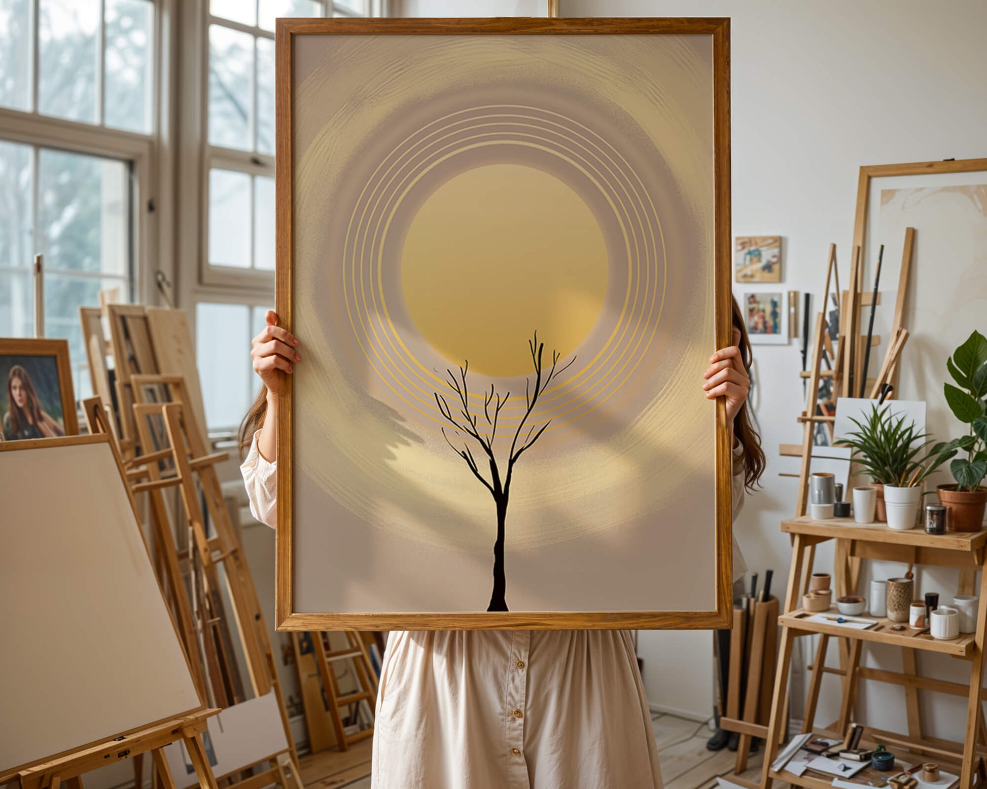 Silueta estilizada de un árbol con círculos concéntricos y un sol grande