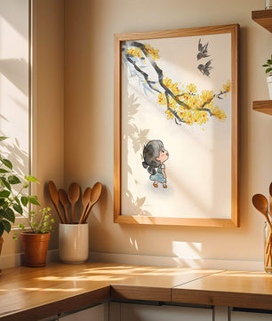 Charming illustration of a child gazing at birds and yellow blossoms