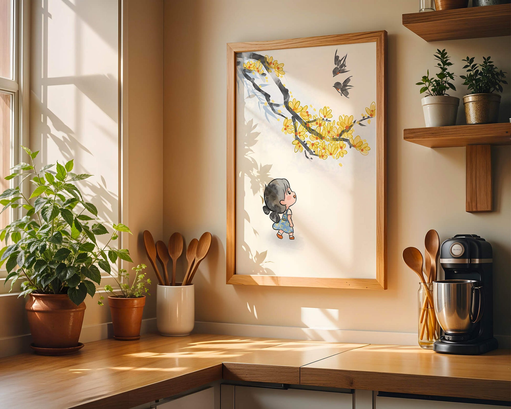 Charming illustration of a child gazing at birds and yellow blossoms