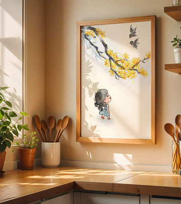 Charming illustration of a child gazing at birds and yellow blossoms