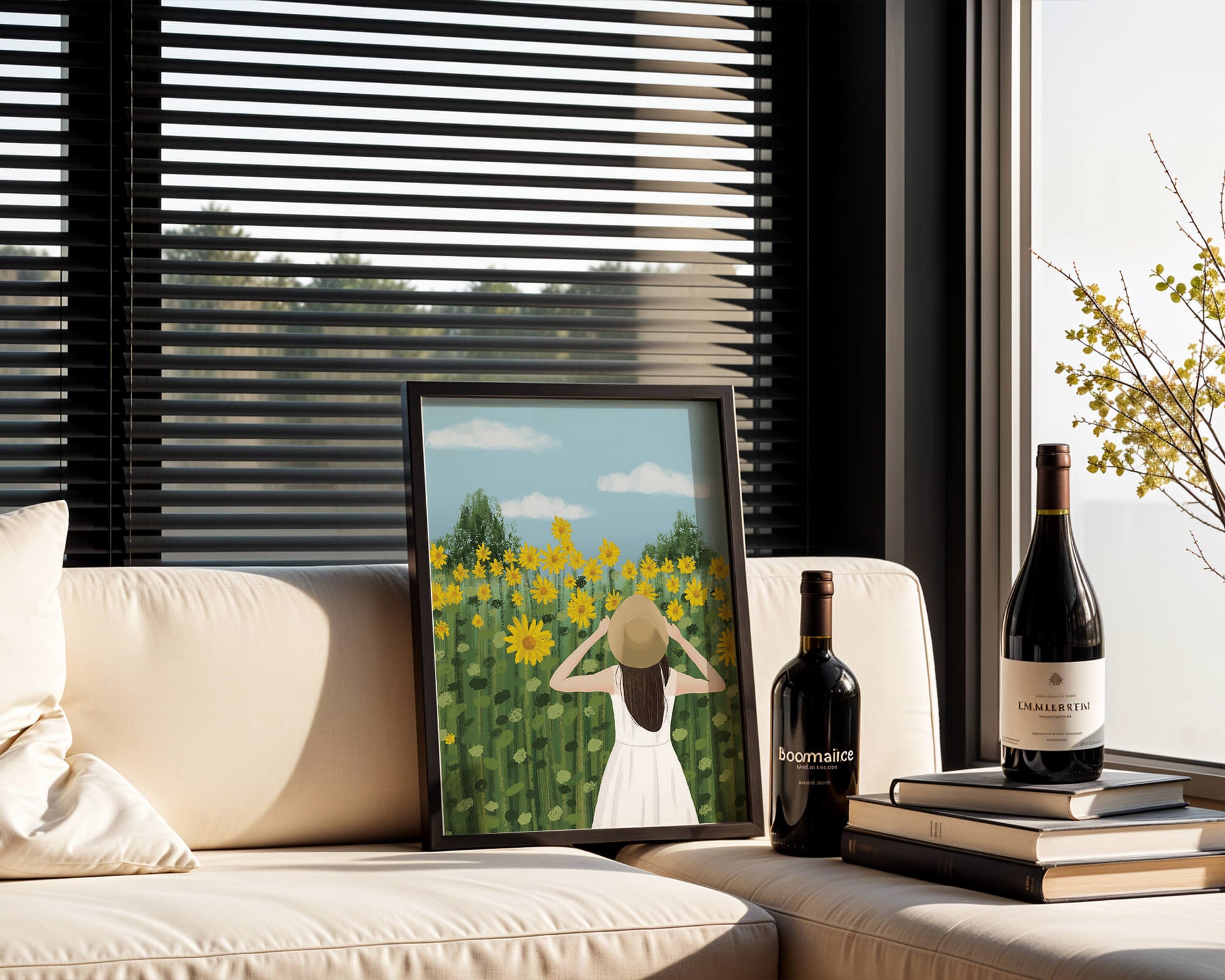 Mujer con vestido blanco admirando un campo de girasoles