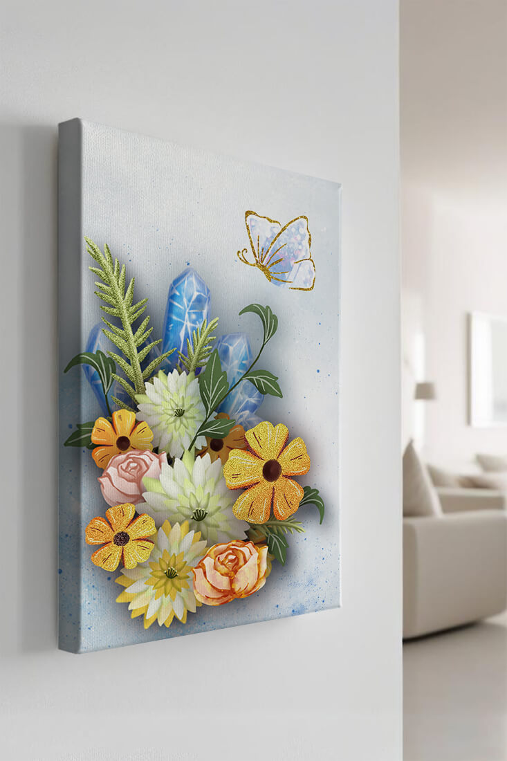 Floral and crystal arrangement with golden butterfly