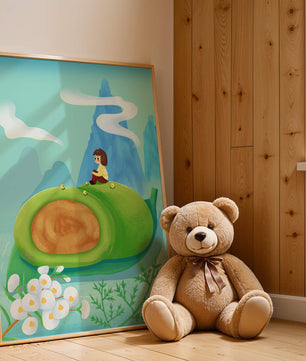 Serene Landscape with Child Sitting on Giant Leaf in Mountainous Fantasy Setting