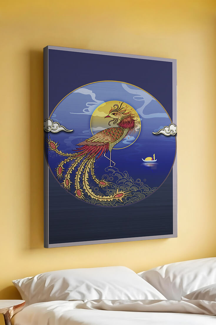 Golden Phoenix with Vibrant Feathers in Mystical Sea Setting