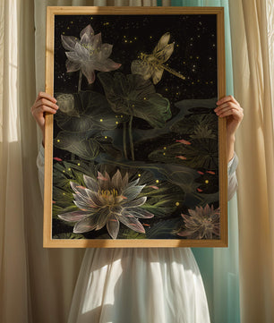 Lotus Flowers and Dragonfly in Nighttime Pond
