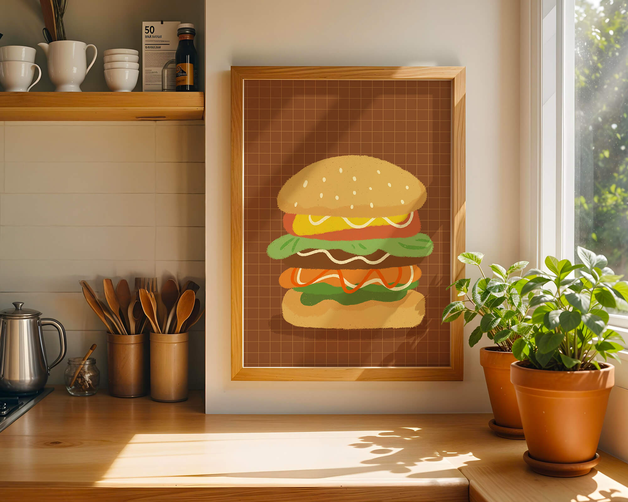 Illustrated cheeseburger with colorful layers on a grid background