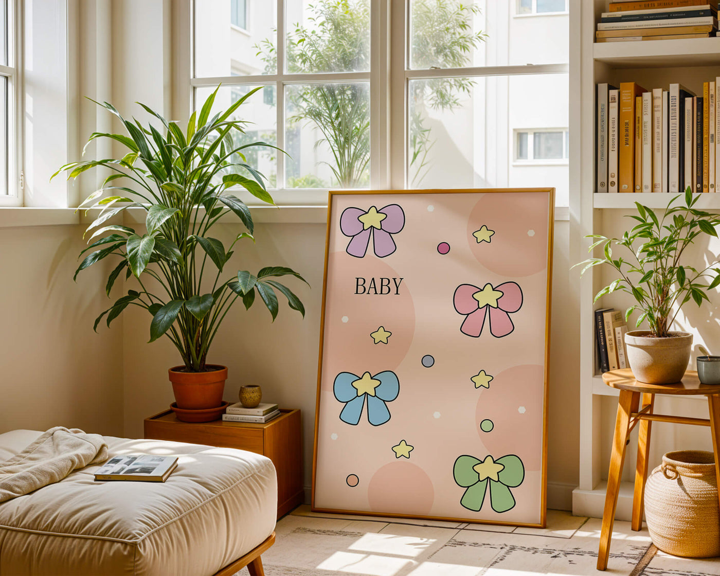 Colorful baby-themed backdrop with bows and stars