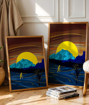 Paisaje surrealista con una puesta de sol vibrante y silueta
