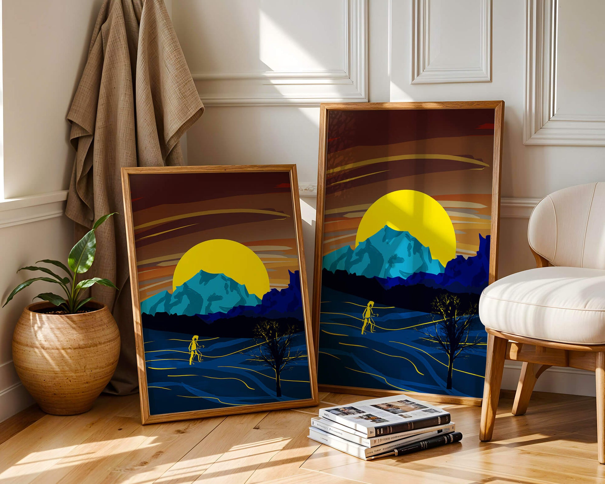Surreal landscape with a vibrant sunset and silhouette