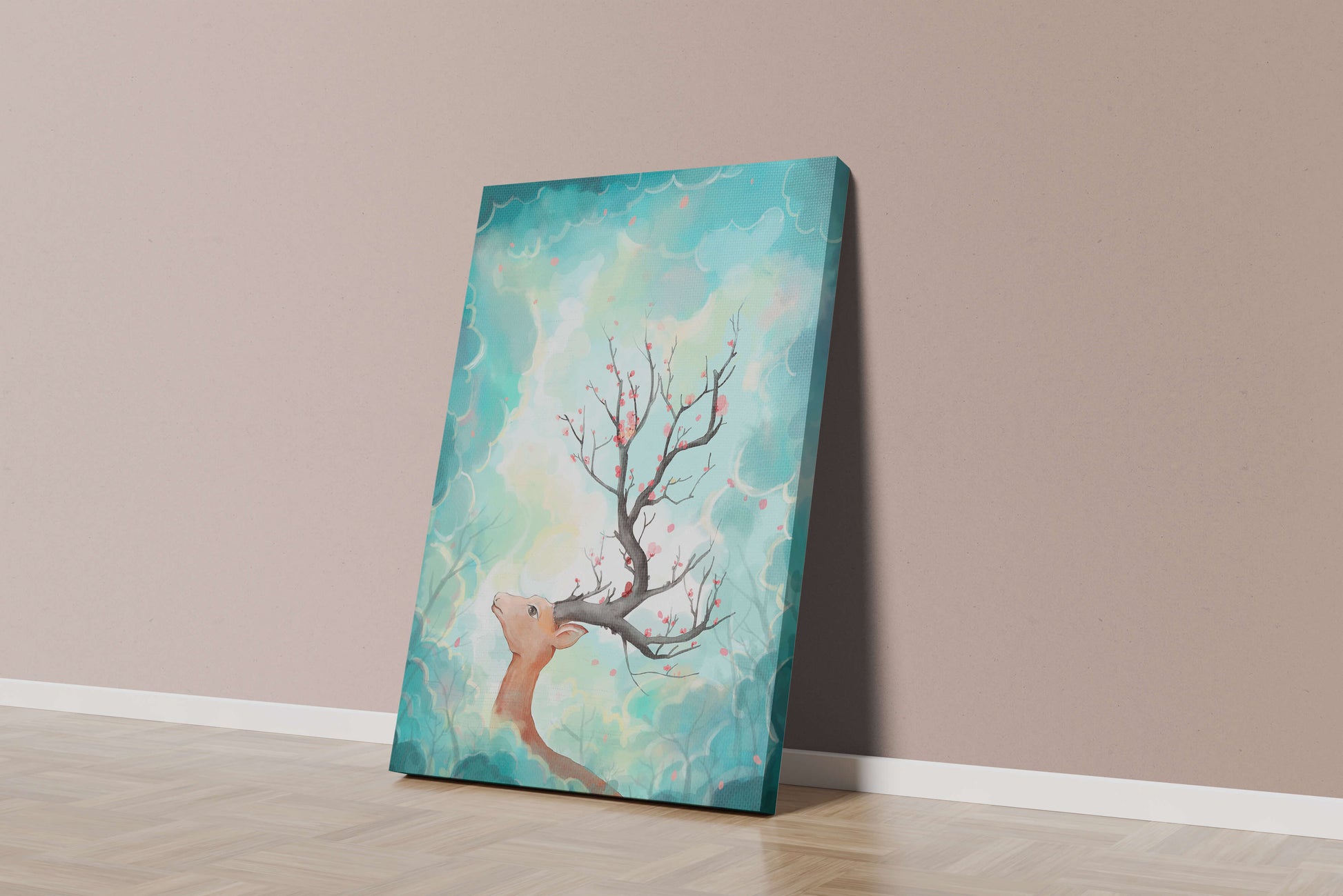 Surreal deer with branches for antlers in a pastel cloudy background