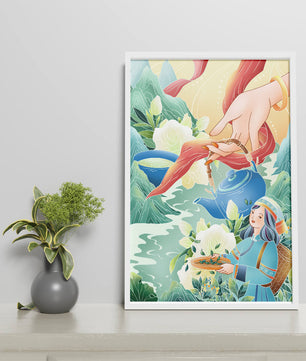 Escena ilustrativa de la cultura del té con montañas y elementos florales