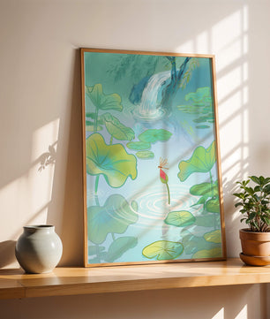 Serene pond scene with lotus leaves and waterfall