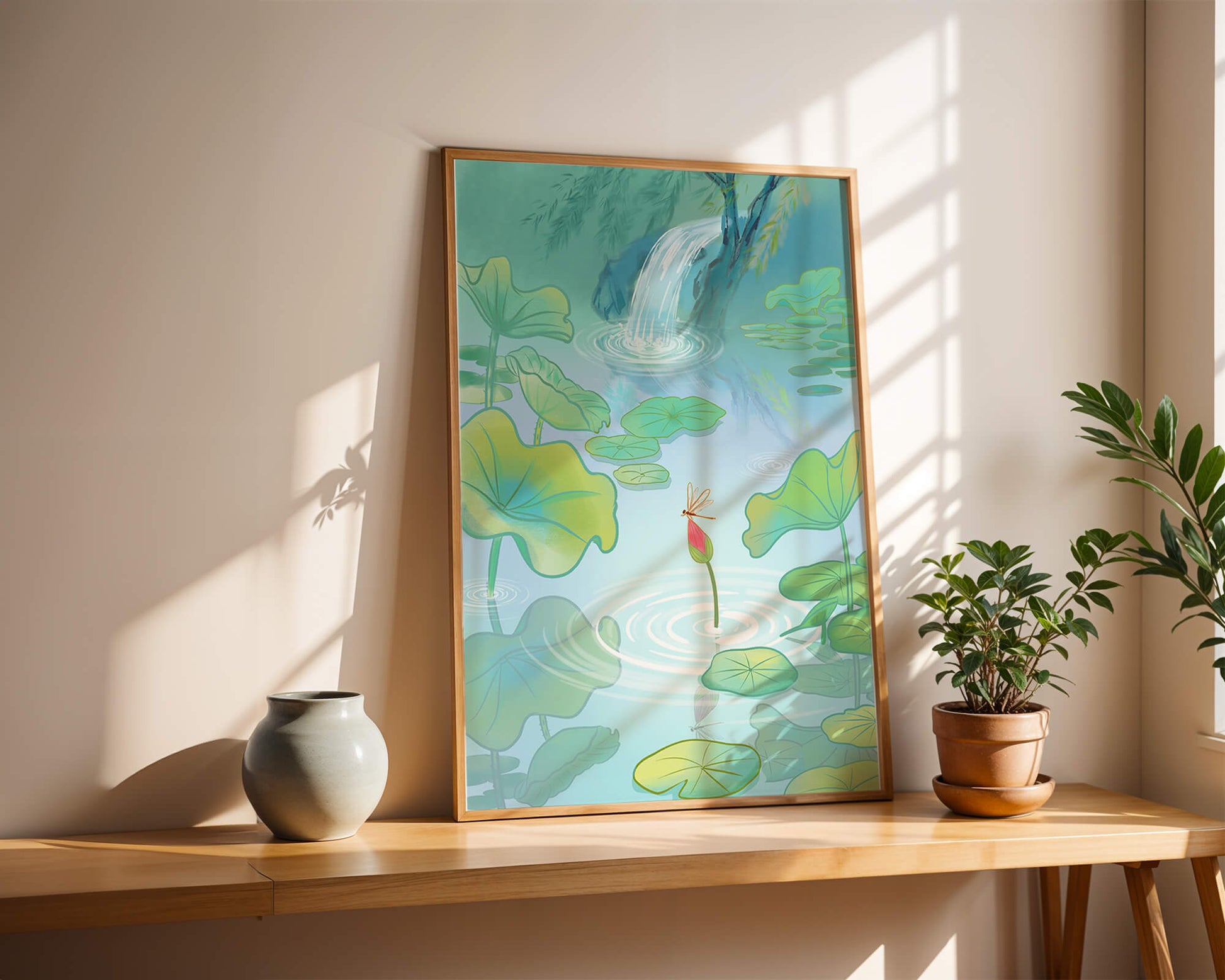 Serene pond scene with lotus leaves and waterfall