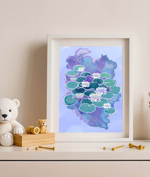 Serene aquatic scene with water lilies on abstract colorful background