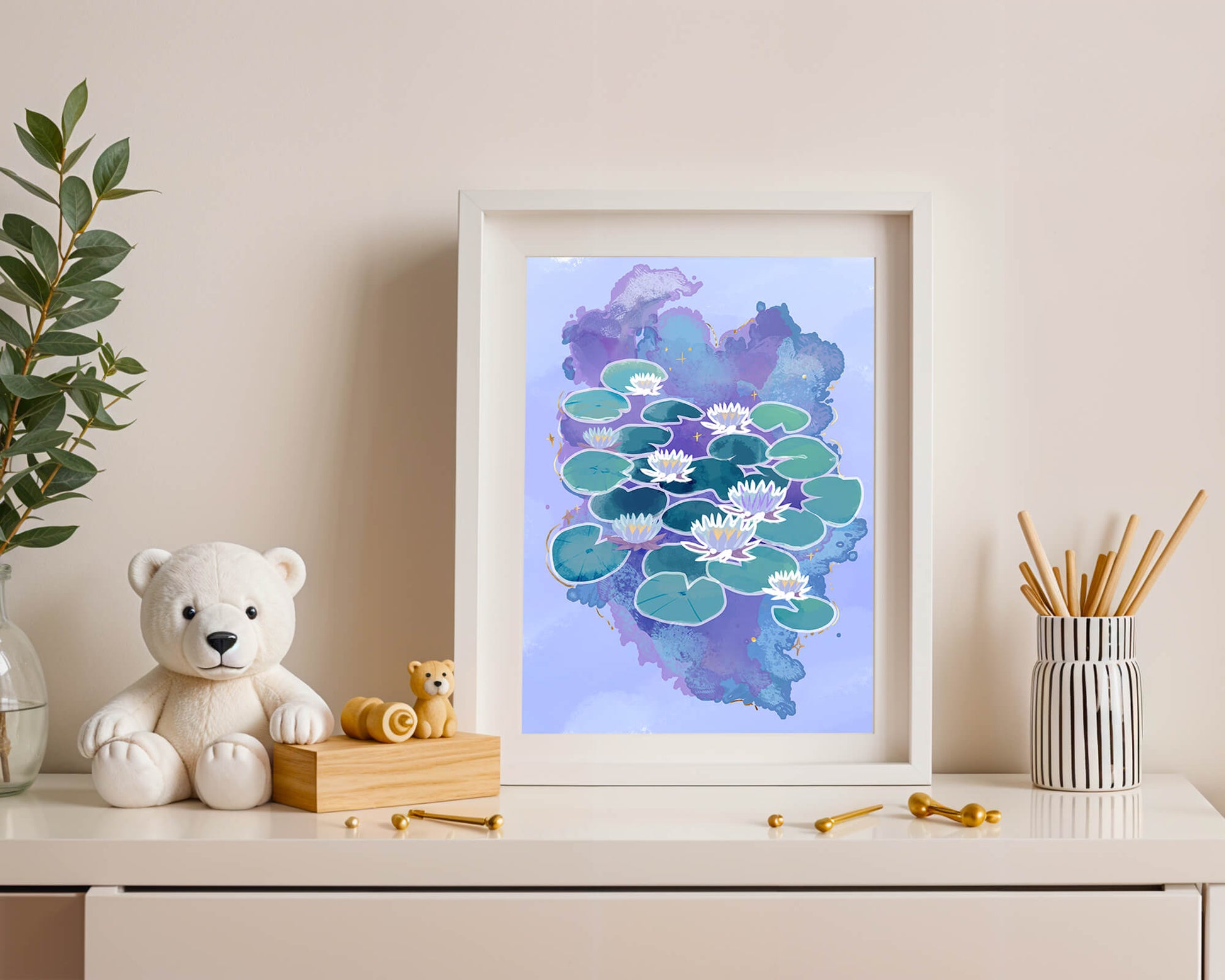 Serene aquatic scene with water lilies on abstract colorful background