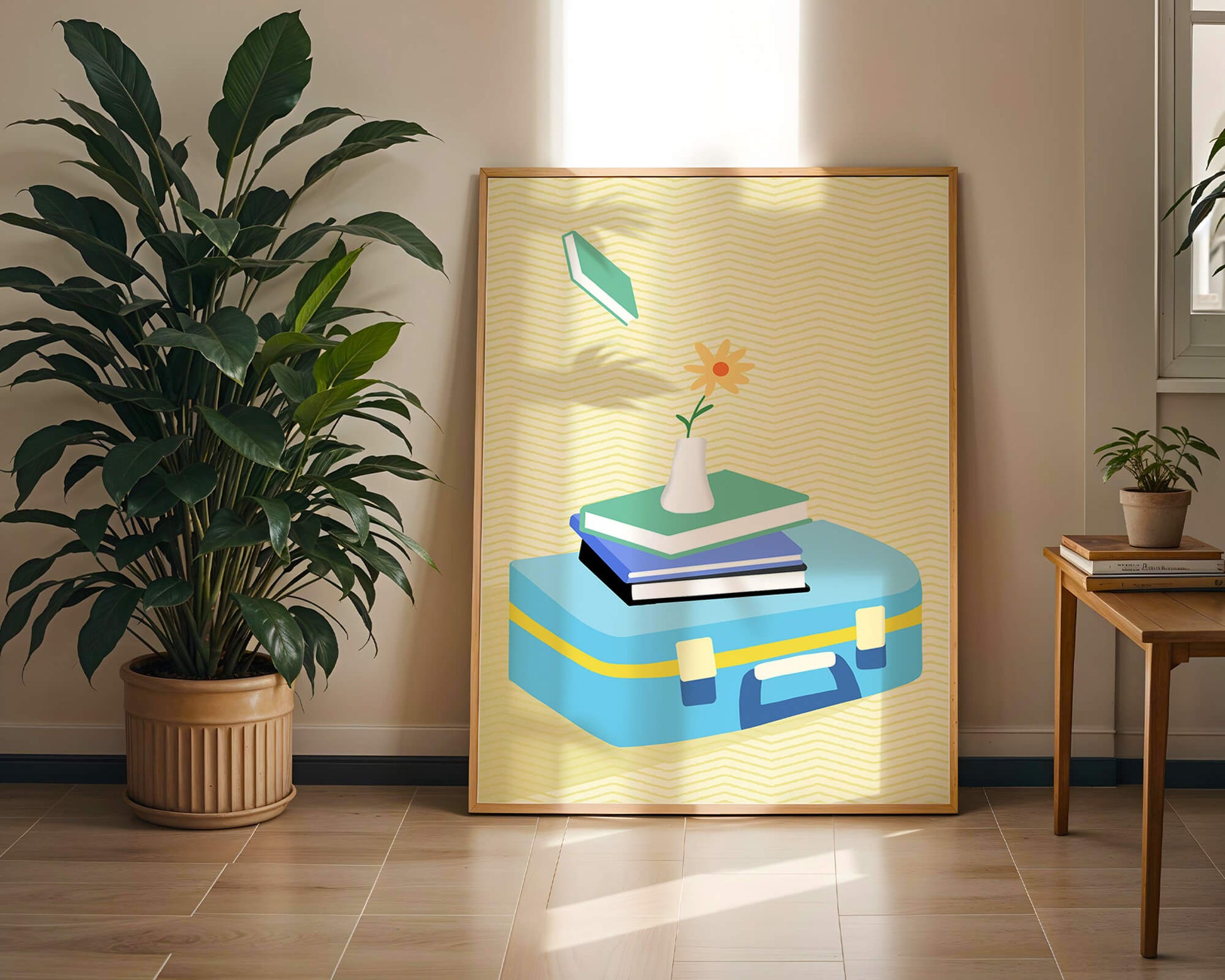 Colorful still life with books, flower vase, and suitcase