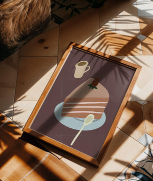 Ilustración de una porción de pastel con fresa y café