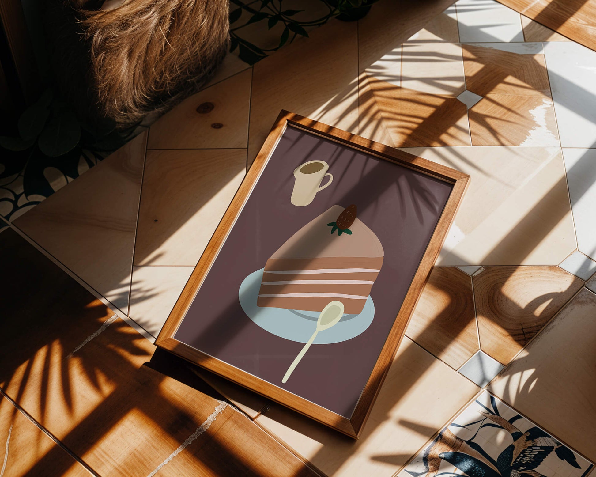 Illustration of a cake slice with strawberry and coffee