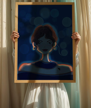 Illustration d'une femme avec des lumières bokeh et des boucles d'oreilles élégantes