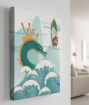 Illustration d’un dragon avec des vagues et des éléments traditionnels chinois