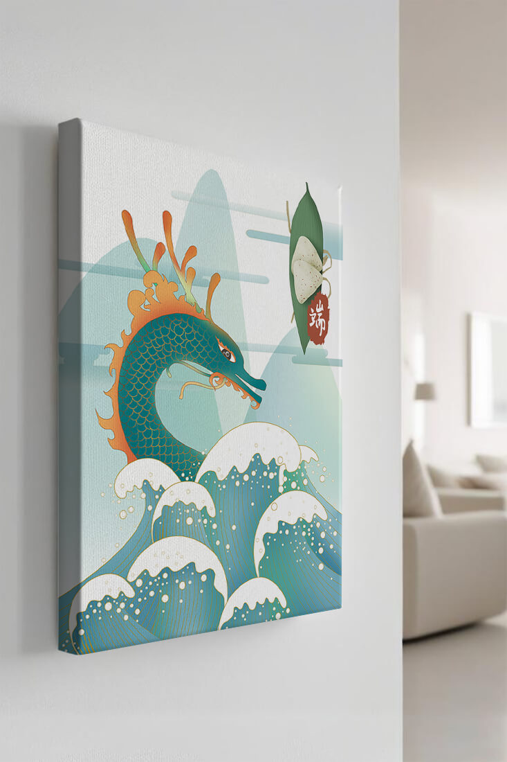 Illustration of a dragon with waves and traditional Chinese elements