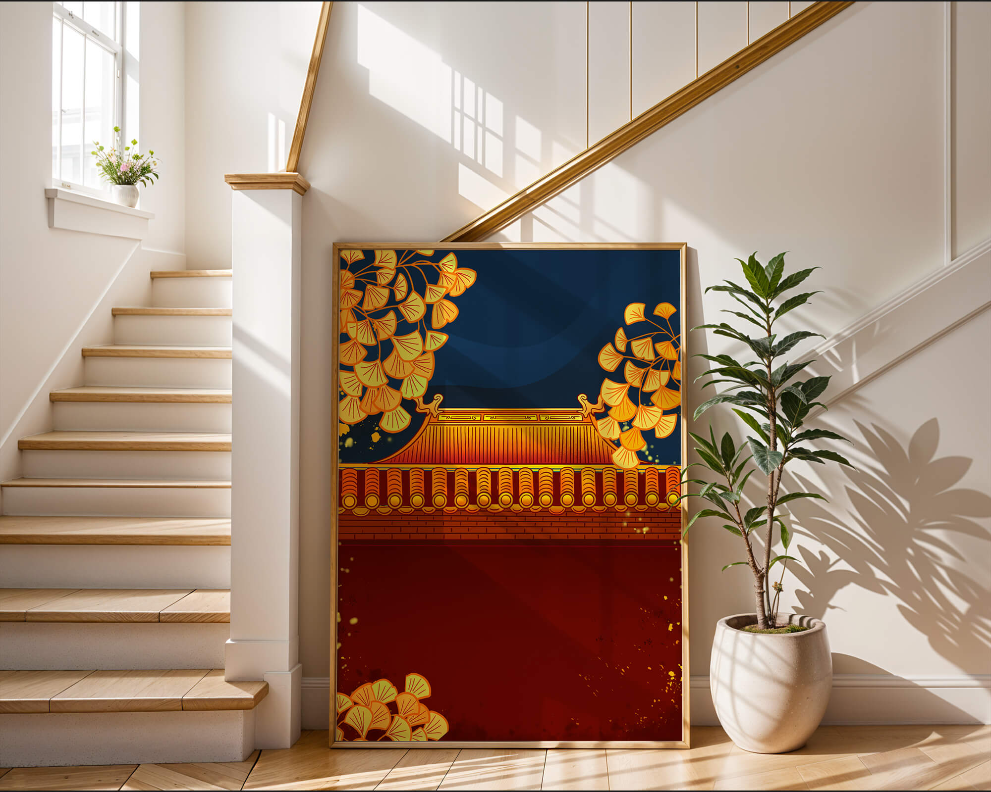 Traditional Asian rooftop with golden foliage on a dark evening sky background