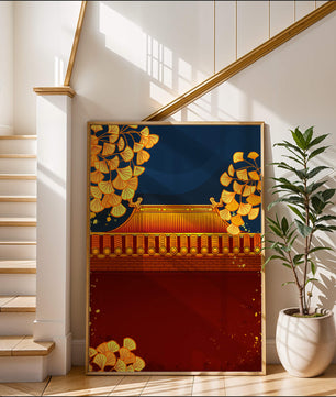 Traditionelles asiatisches Dach mit goldenem Laub auf dunklem Abendhimmel