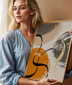 Abstract Art with Orange, Black, and Gold Brushstrokes - Mi tienda
