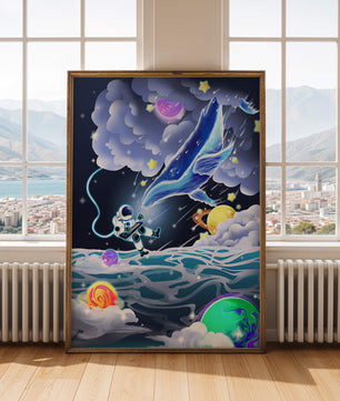 Astronaut Exploring a Surreal Cosmic Ocean with a Glowing Whale