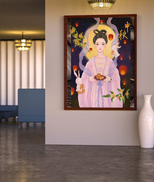 Mid-Autumn Festival Illustration with Moon Goddess and Rabbits