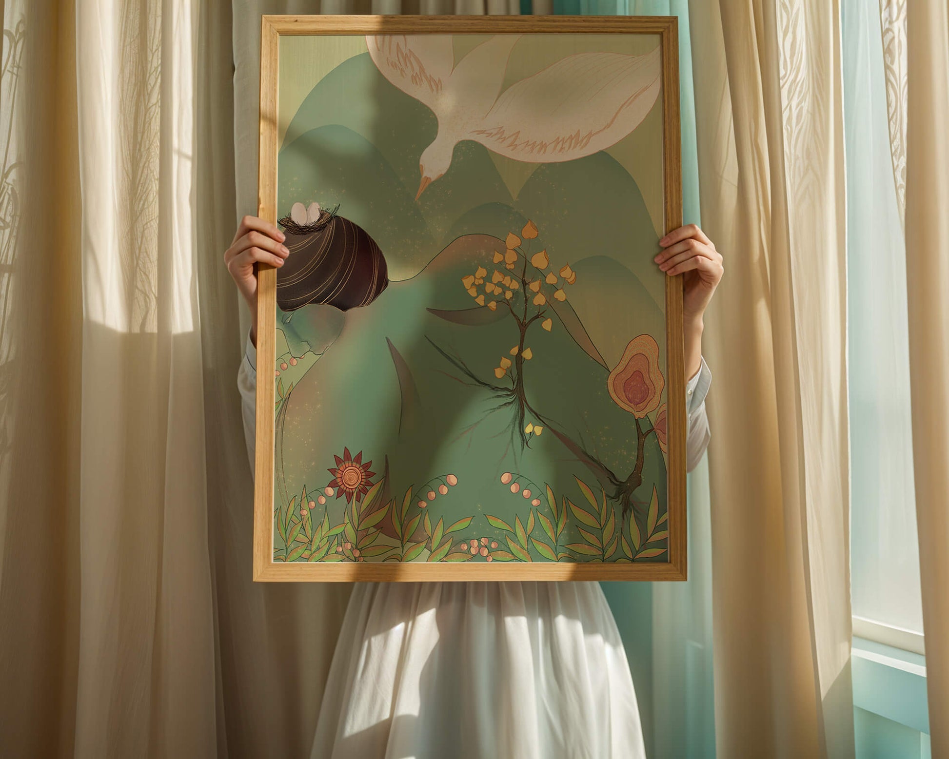 Dreamy nature-inspired illustration with bird and plant elements
