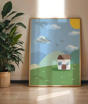 Illustration of a small house on a sunny hillside with clouds in a blue sky