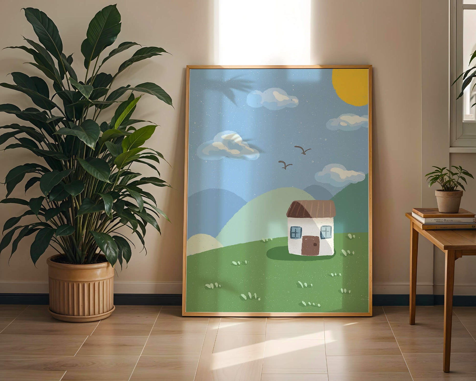 Illustration of a small house on a sunny hillside with clouds in a blue sky