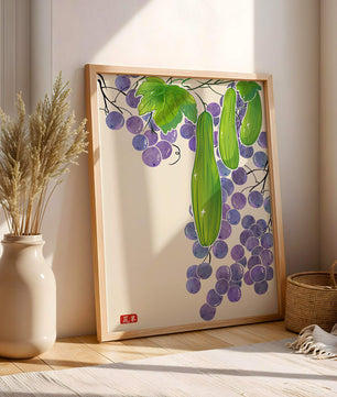Ilustración de uvas y pepino con colores vibrantes y hojas