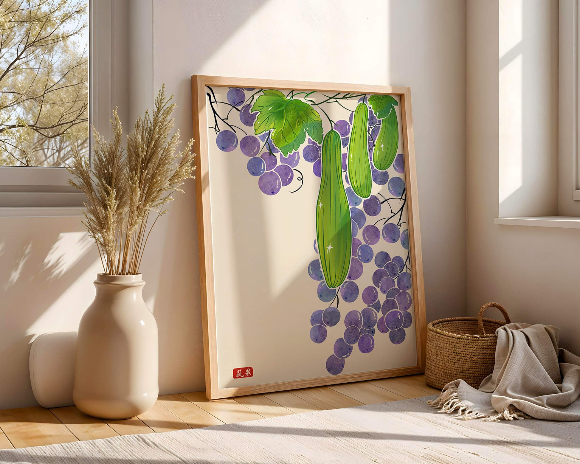 Ilustración de uvas y pepino con colores vibrantes y hojas