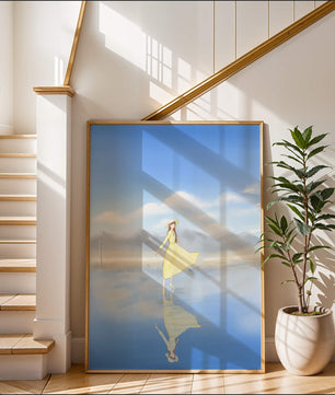 Woman in yellow dress standing on reflective water against clear sky