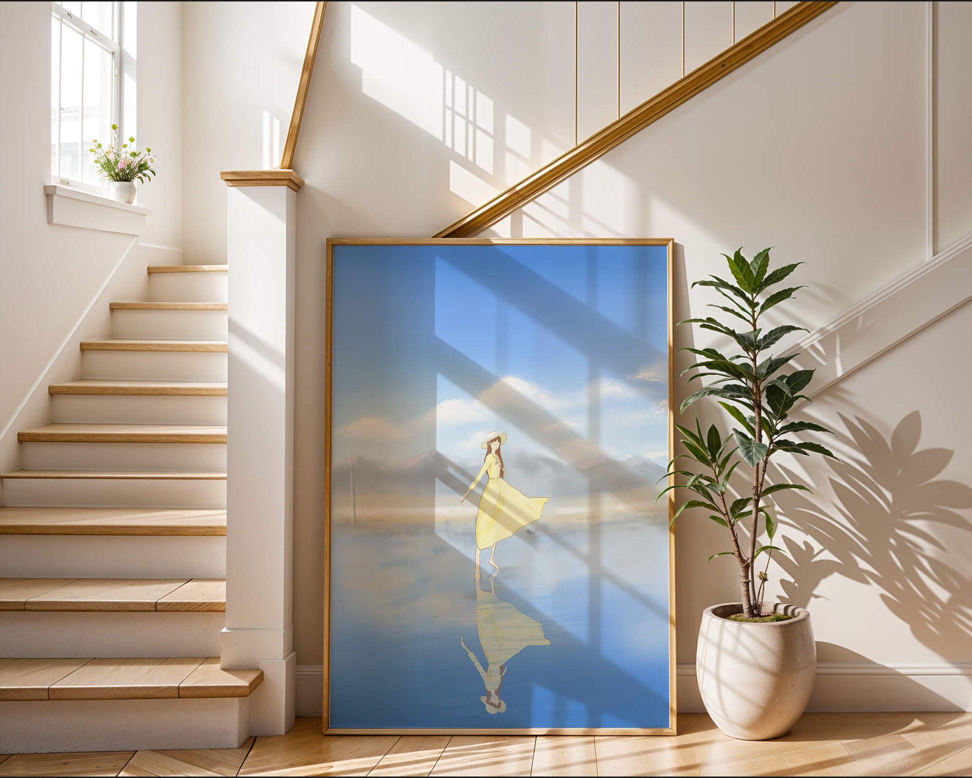 Woman in yellow dress standing on reflective water against clear sky