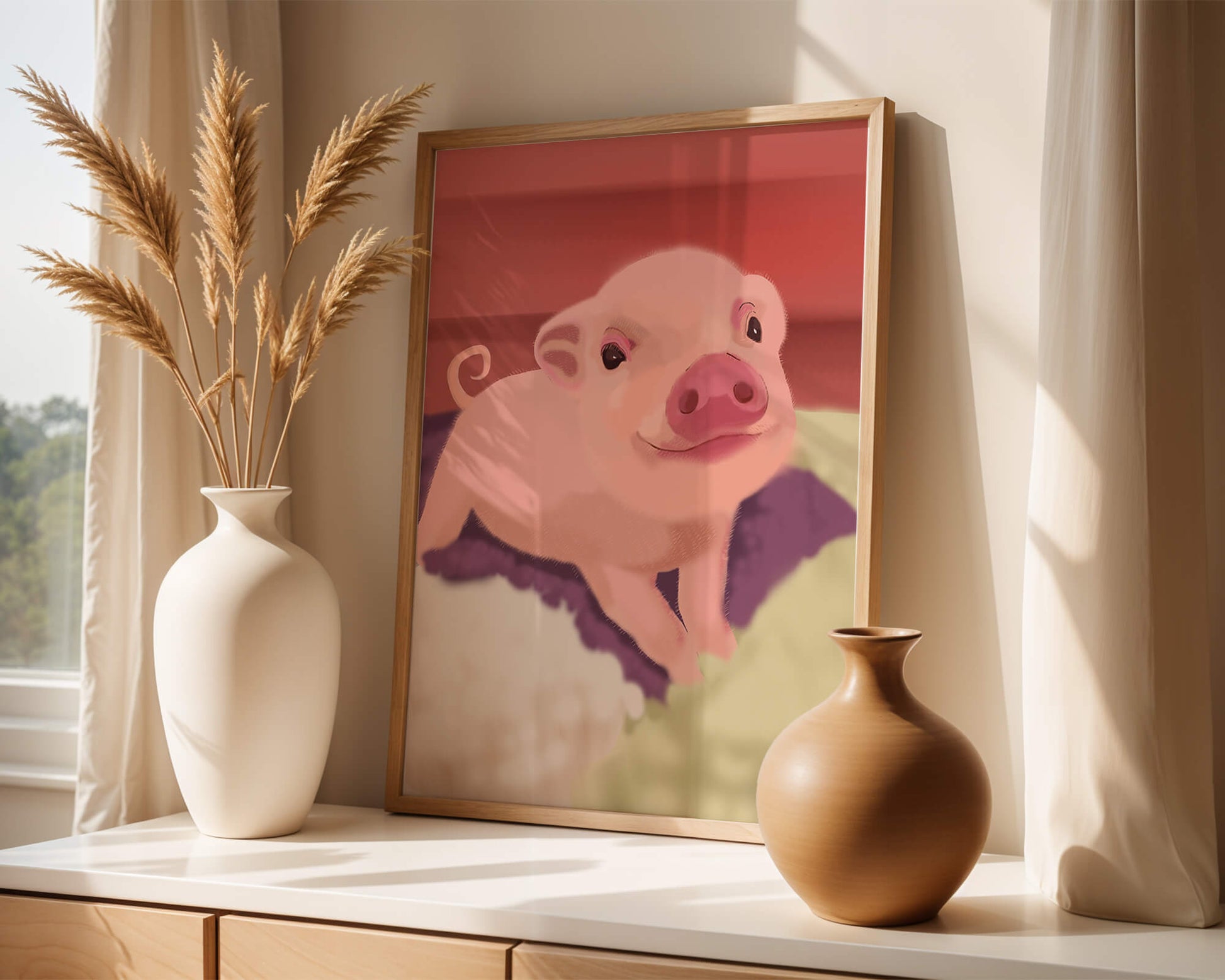 Una encantadora ilustración de un lindo cerdito con un fondo cálido.