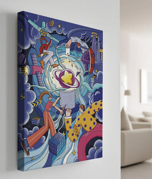 Exploration cosmique colorée avec personnages animés et formes géométriques