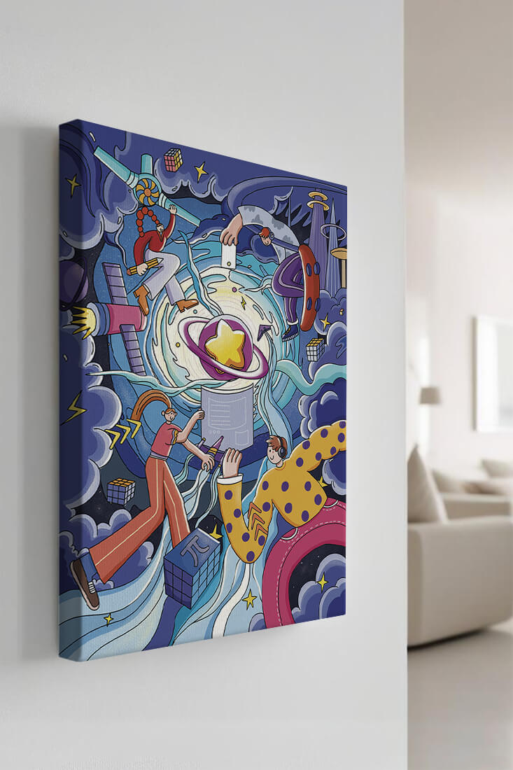 Colorful Cosmic Exploration with Animated Characters and Geometric Shapes