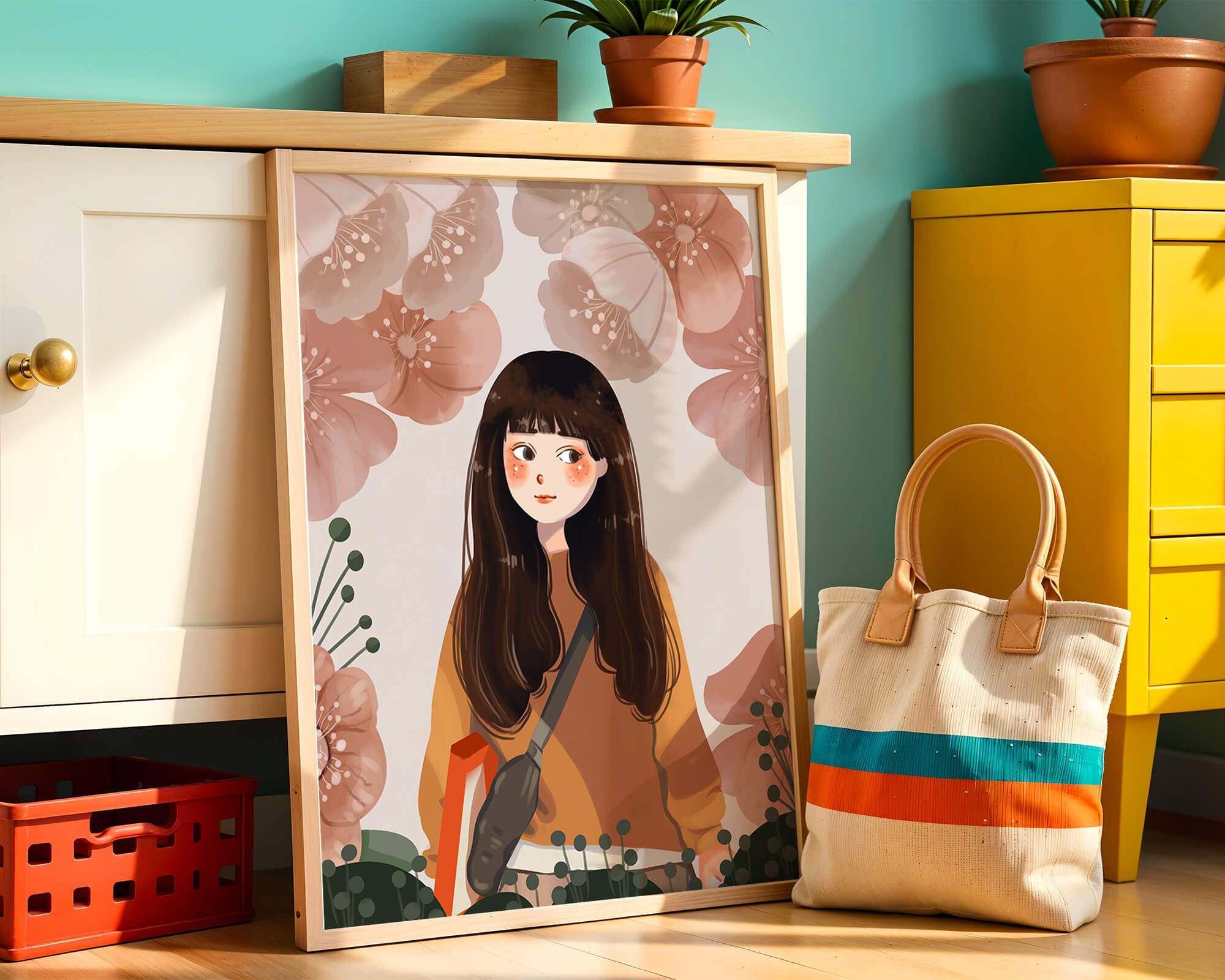 Illustration of girl with flowers in soft pastel hues