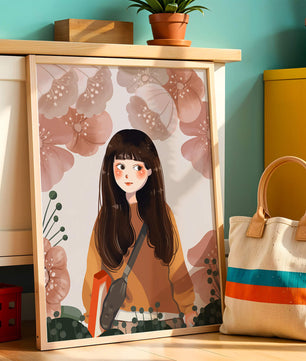 Ilustración de una niña con flores en tonos pasteles suaves