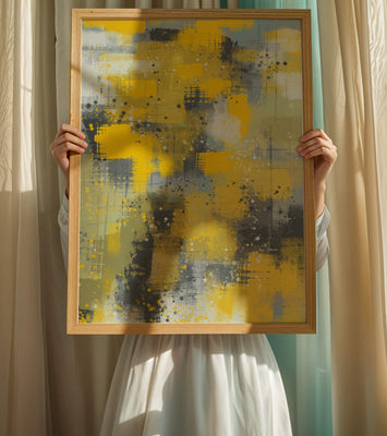 Abstract Yellow and Gray Geometric Art with Textured Patterns