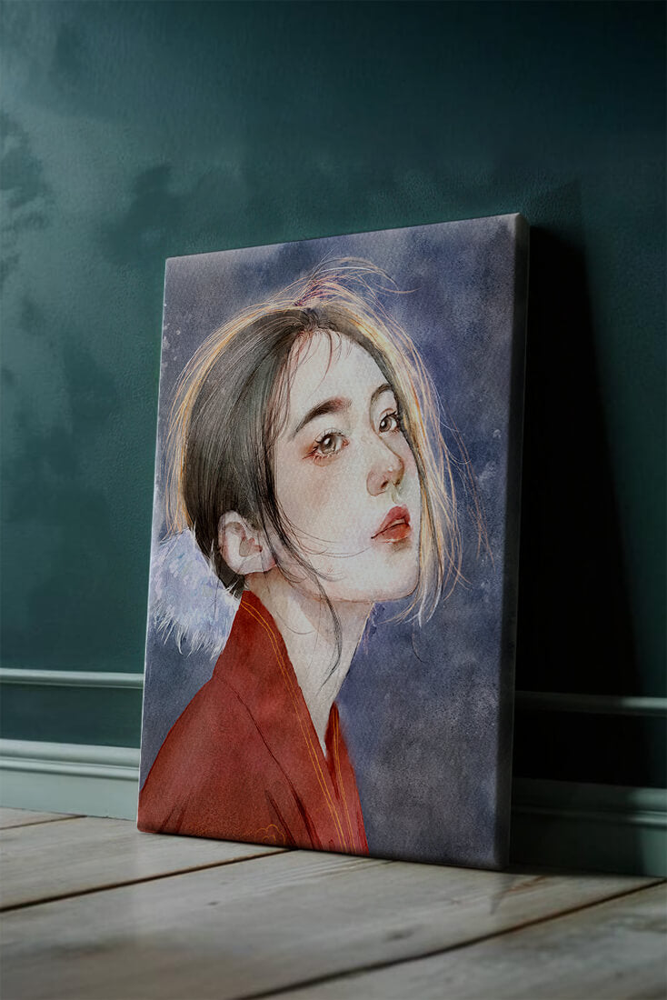 Watercolor portrait of a woman in a red garment with expressive features