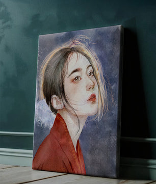 Watercolor portrait of a woman in a red garment with expressive features