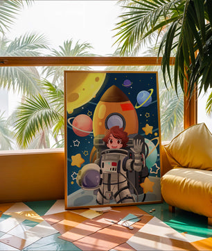 Young Astronaut with Rocket and Planets in Space Adventure