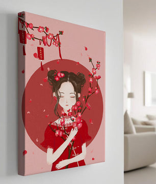Bezaubernde Illustration eines Mädchens mit Blumen und schwebenden Blütenblättern