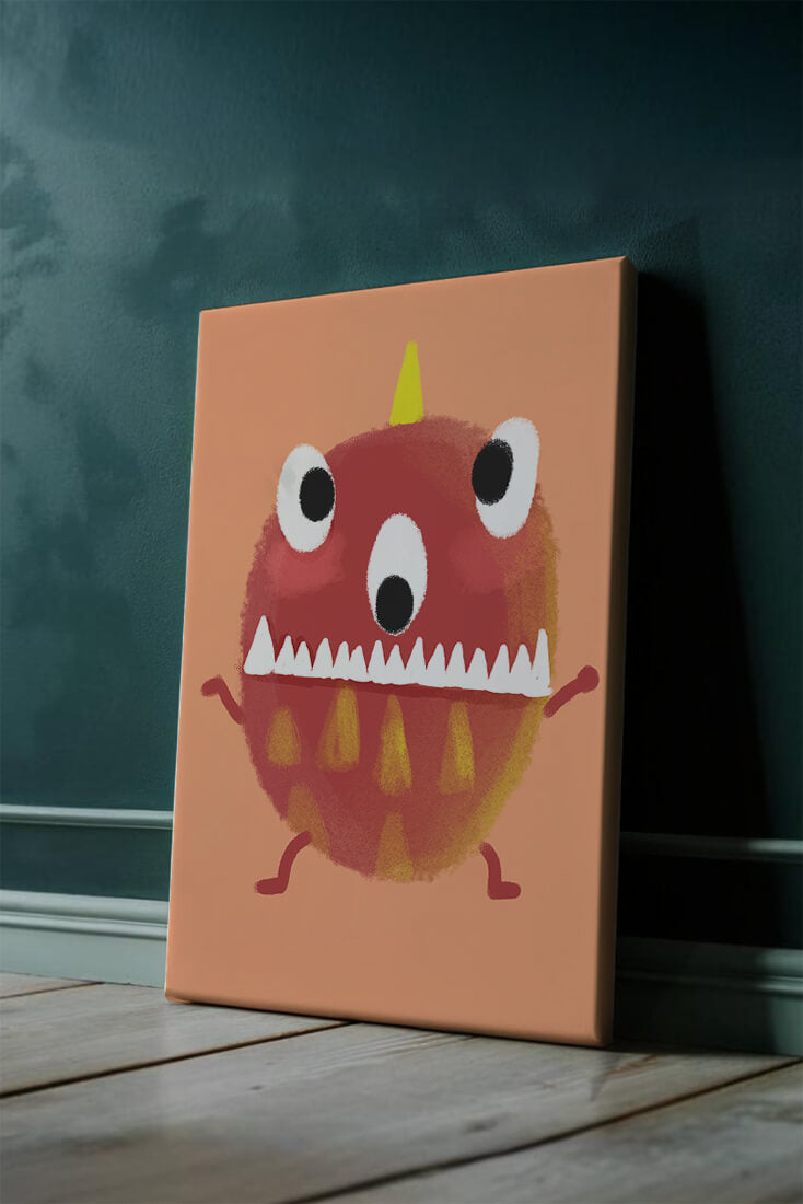 Monstruo colorido con rasgos geométricos y expresión lúdica.
