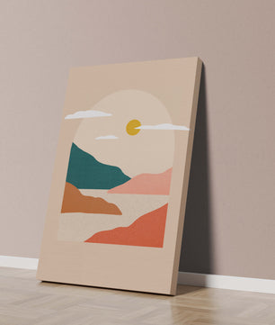 Paysage minimaliste avec montagnes et soleil